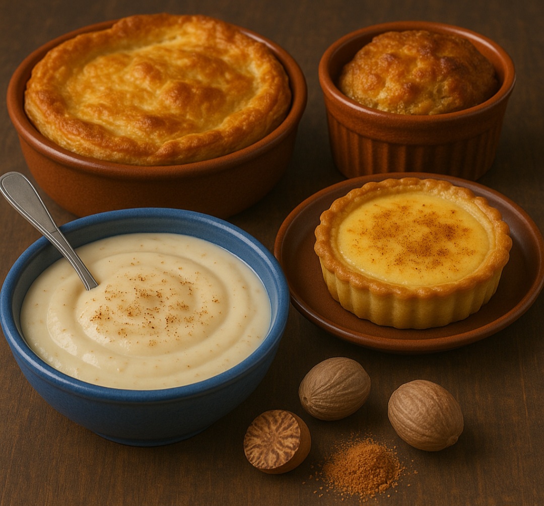 É tradicional em pratos europeus como o molho bechamel e sobremesas como pudins e tortas.
