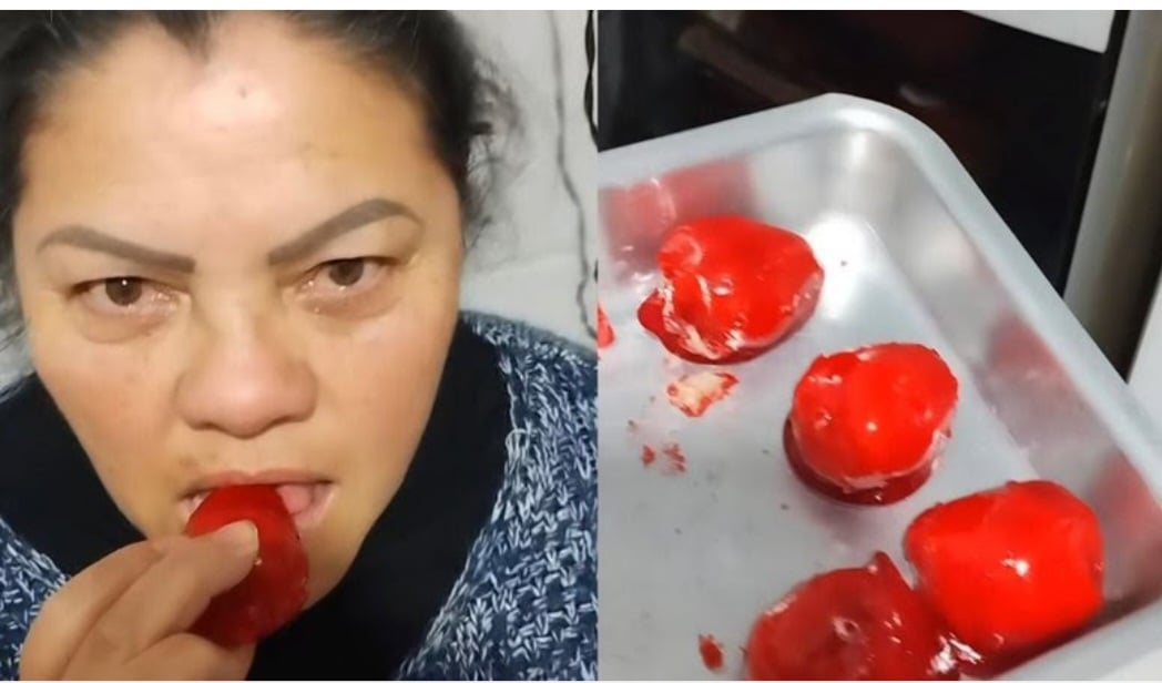 Em vídeo que também ficou viral,  uma mulher identificada como Jessica Isaias Wuitschik, do Rio Grande do Sul, perdeu a prótese dentária na primeira mordida.-Reprodução redes sociais 