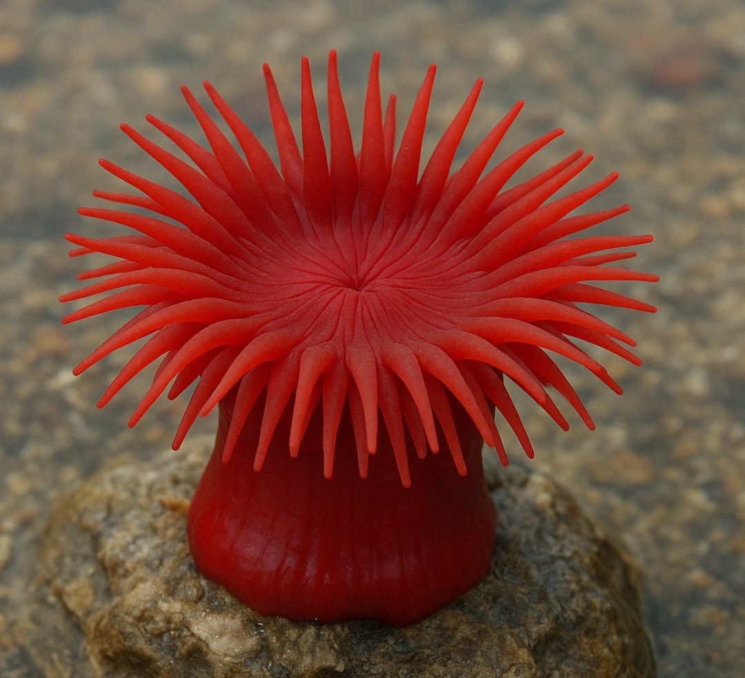 Anêmona do mar vermelha - Exibe um corpo vibrante vermelho?escuro com tentáculos que lembram um tomate quando ela se retrai. Comum em costas rochosas do Atlântico, Mediterrâneo e África Ocidental.