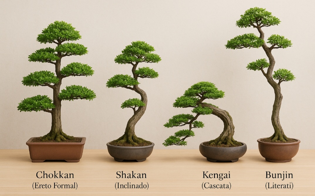 Existem diversos estilos de bonsai, como o ereto formal (chokkan), inclinado (shakan), cascata (kengai) e literati (bunjin). Cada estilo segue regras visuais que remetem à forma como árvores crescem na natureza.