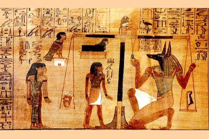 Uma vinheta em O Papiro de Ani, do Feitiço 30B - 'Livro dos Mortos', (Livro do Surgimento do Dia) - antigo texto funerário egípcio - Domínio Público /Wikimédia Commons