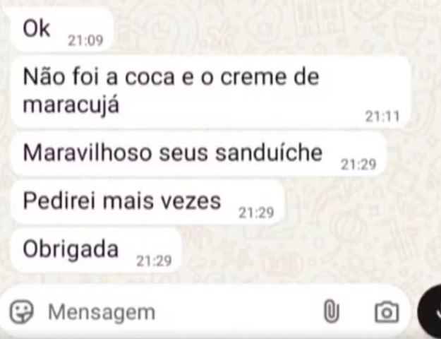 Para surpresa geral, o golpista respondeu com bom humor, elogiando os “sanduíches” e dizendo que pediria novamente. A história viralizou na internet.