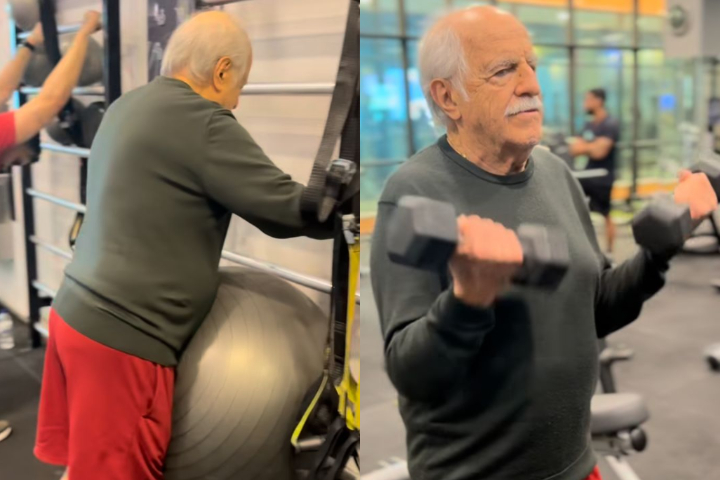 No vídeo, ele aparece fazendo exercícios para membros superiores e inferiores: 