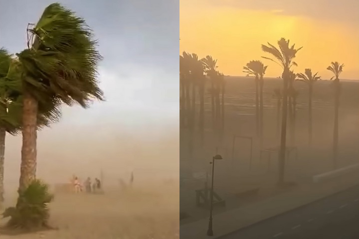 Explosão de calor atinge praia na Espanha e surpreende banhistas com ventania e calor repentino - Montagem/Reprodução
