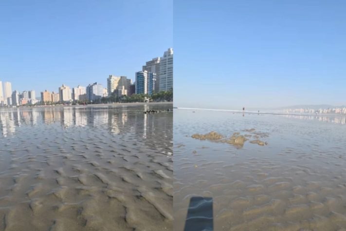 Mar recua em Praia Grande e moradores acham que é tsunami - Montagem/Reprodução/Instagram