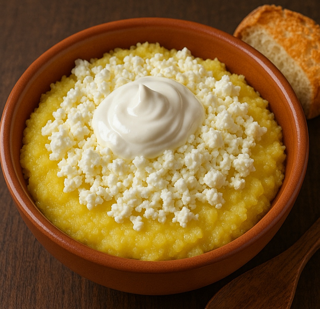 4º lugar: Taci ?i înghite (Romênia) – nome curioso (“coma e engula”), tradicional nas festas locais. Variação da m?m?lig? (polenta de milho). Ele costuma levar fubá de milho, queijo branco  esfarelado e Smântân? (creme de leite azedo típico da culinária romena).
