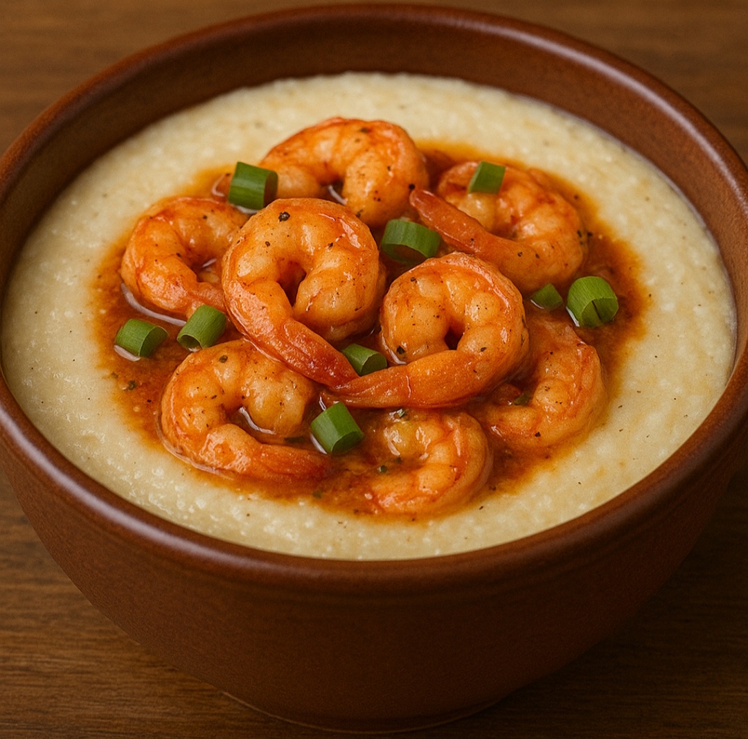 7º lugar: Shrimp and grits (EUA) – mingau de fubá cremoso coberto com camarões e molho temperado, clássico do Sul americano.  

