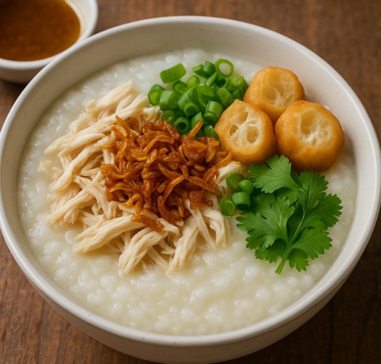 1Âº lugar:  Bubur ayam (Sudeste AsiÃ¡tico) â?? mingau de arroz com frango desfiado, cafÃ© da manhÃ£ popular e reconfortante.