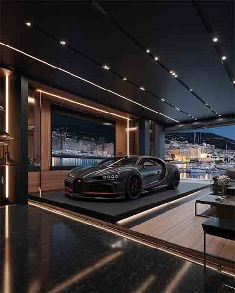 Um dos pontos mais inusitados — e impressionantes — é a galeria de automóveis, onde está exposto um Bugatti Chiron, um dos carros mais caros do mundo.