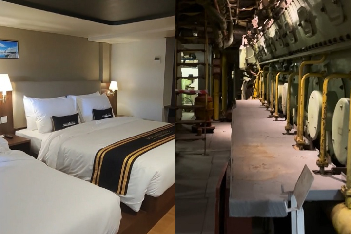 Já o interior mantém elementos históricos, como a casa de máquinas e botes salva-vidas, enquanto os quartos oferecem conforto moderno. Detalhes como rebites originais recuperados durante a reforma foram reaproveitados e incorporados em móveis e acabamentos do hotel.