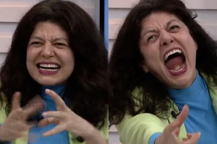 Enquanto explicava sobre o longa, a atriz surpreende a jornalista e de repente solta um grito inesperado. O momento rapidamente virou meme nas redes sociais.