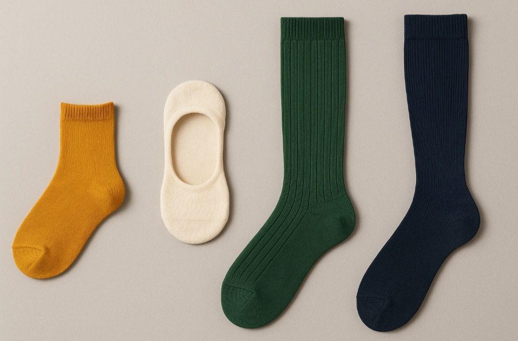 Entre os modelos mais comuns, estão as meias soquete, as invisíveis, as 3/4 e as meias de compressão. .