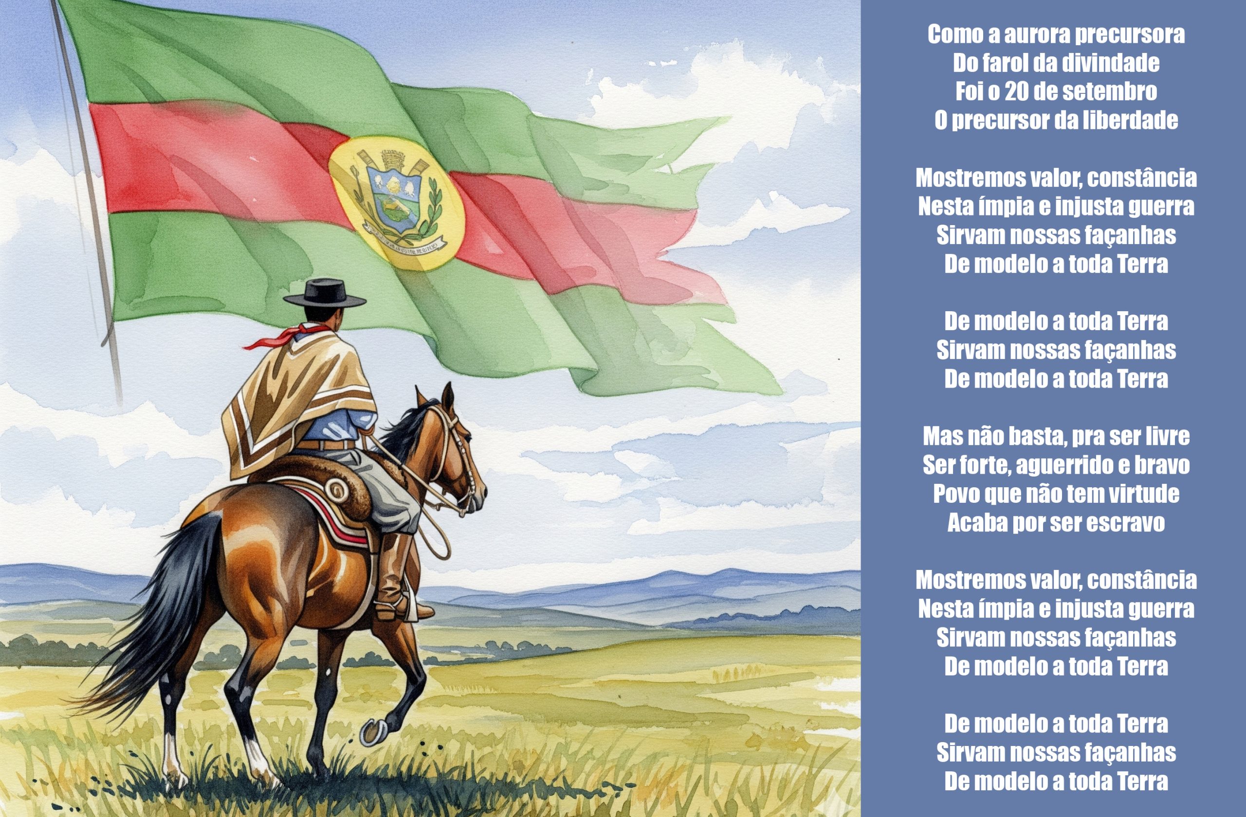 Cantado com orgulho, o hino rio-grandense exalta a coragem dos farroupilhas e a luta pela liberdade. É entoado com emoção em escolas, eventos cívicos e celebrações tradicionais.