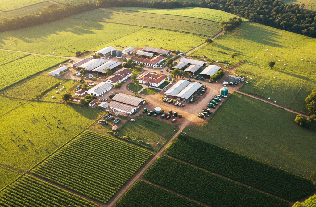 Fazenda: Grande propriedade rural, geralmente com mais de 100 hectares ou 40 alqueires. Possui estrutura robusta para produção agrícola e pecuária, com diversas construções e equipamentos. Muitos proprietários vivem na cidade ou em chácaras menores, usando a fazenda apenas para trabalho ou investimento.
