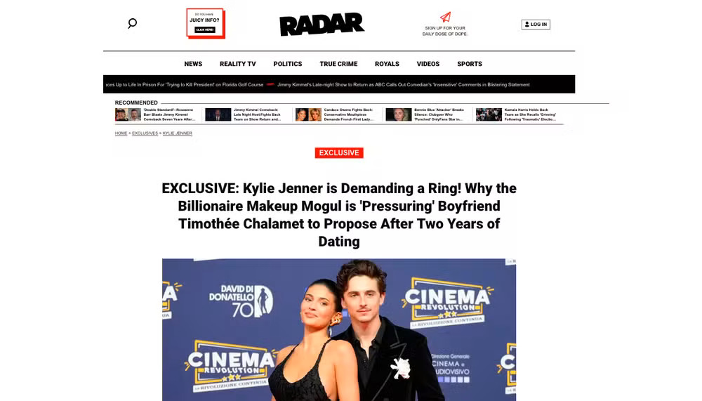 Após dois anos de namoro, Kylie Jenner estaria pressionando o ator Timothée Chalamet por um pedido de casamento, segundo fontes do site Radar Online. A empresária quer definir o futuro da relação, que tem sido marcada pela discrição e aparições pontuais em eventos de Hollywood. -Reprodução