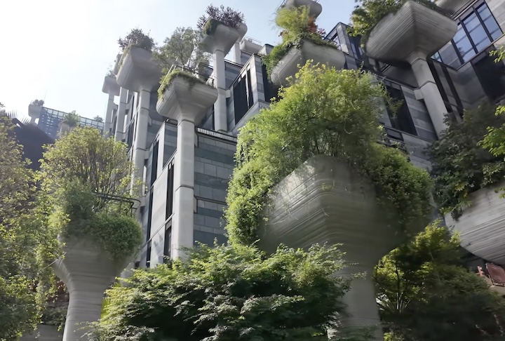 A vegetação cresce em centenas de colunas que funcionam como vasos gigantes, com sistemas internos de irrigação e drenagem. 