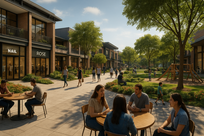 Complexo com estabelecimentos comerciais e áreas de lazer ao ar livre - Imagem gerada por IA