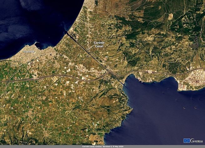 Canal de Corinto com 21 metros de largura é uma das passagens mais temidas do mundo - Contains modified Copernicus Sentinel data 2020