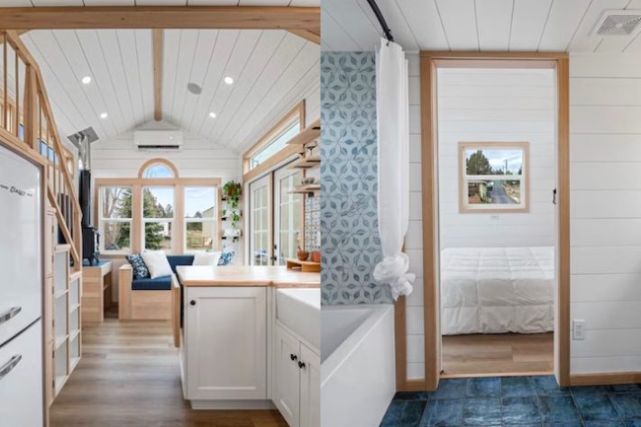 Minicasa de 26 m² tem mezanino e até banheira — Montagem/Divulgação/Spindrift Homes