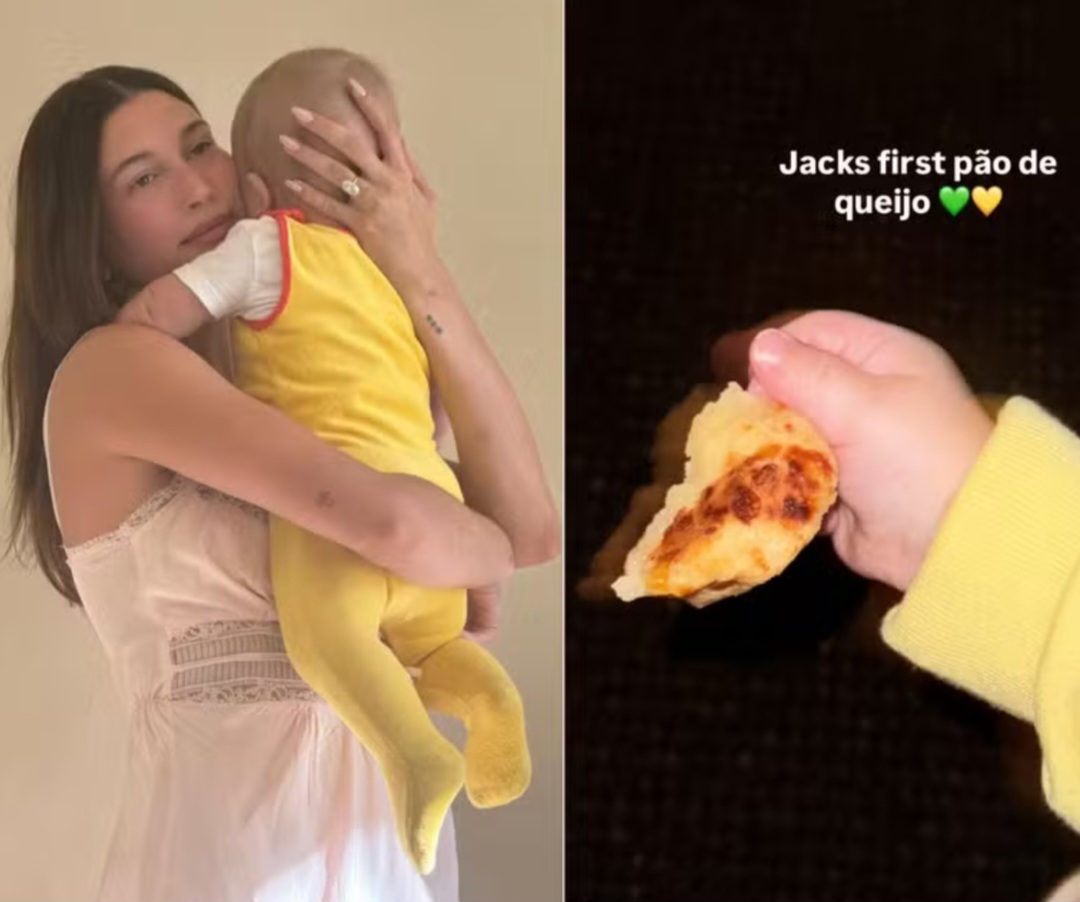 Hailey e Justin costumam postar fotos do filho. E como ela tem vínculos brasileiros, publicou quando a criança provou o seu primeiro pão de queijo.