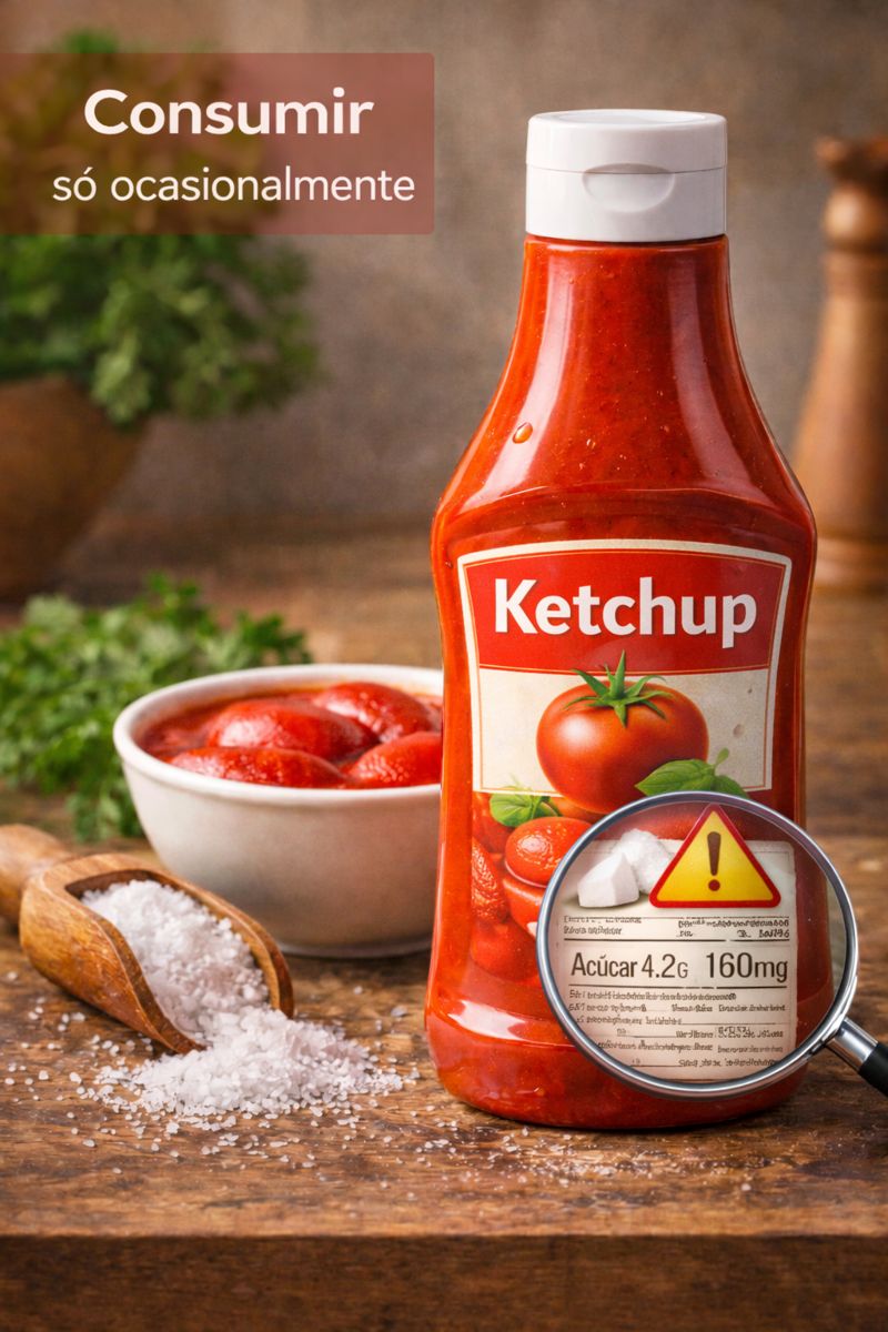 O ketchup costuma ter alto teor de açúcar e sódio, devendo ser consumido apenas ocasionalmente.