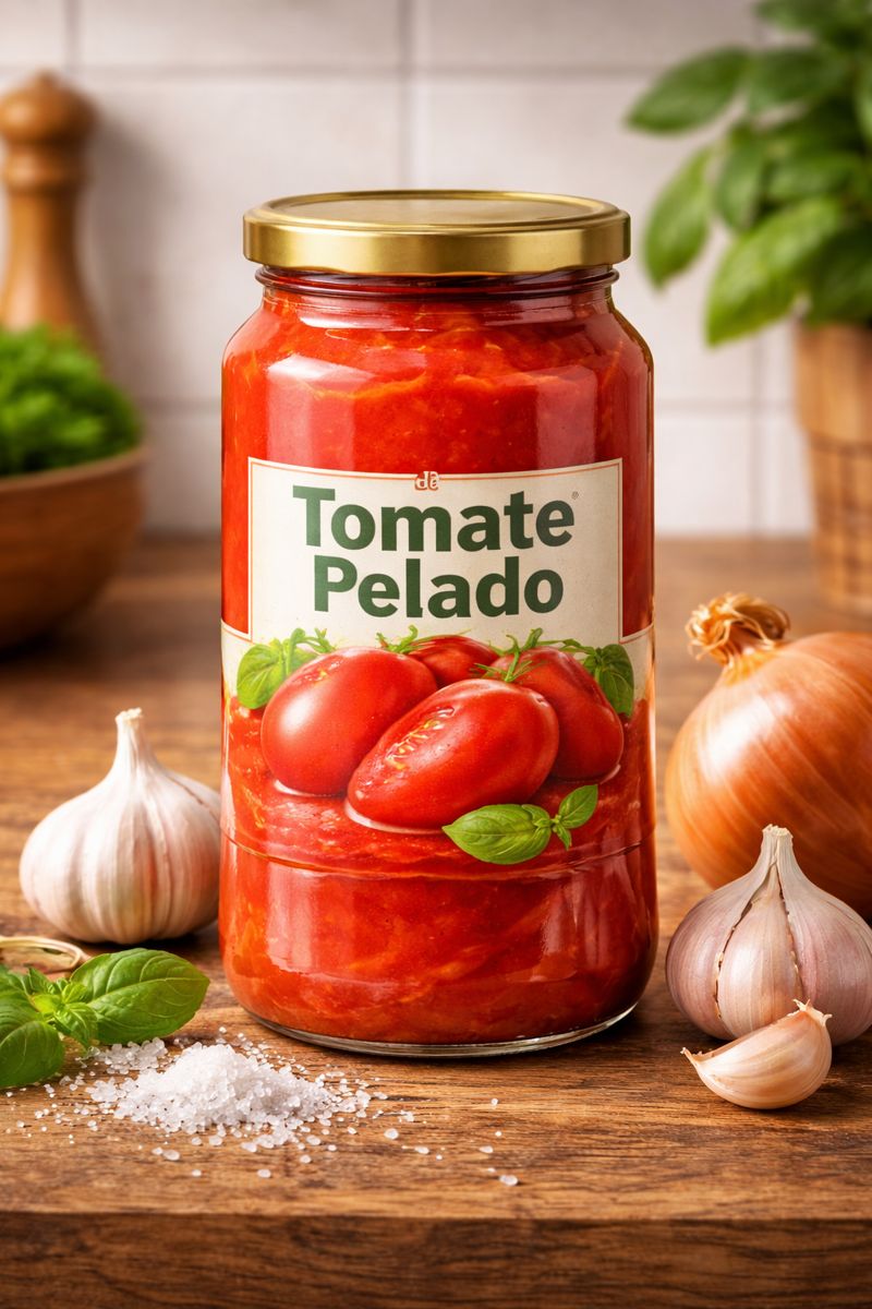 Tomate pelado - Consiste no tomate inteiro, sem casca, conservado no próprio suco ou em purê leve. Costuma ter poucos ingredientes e sabor mais próximo do tomate fresco.
