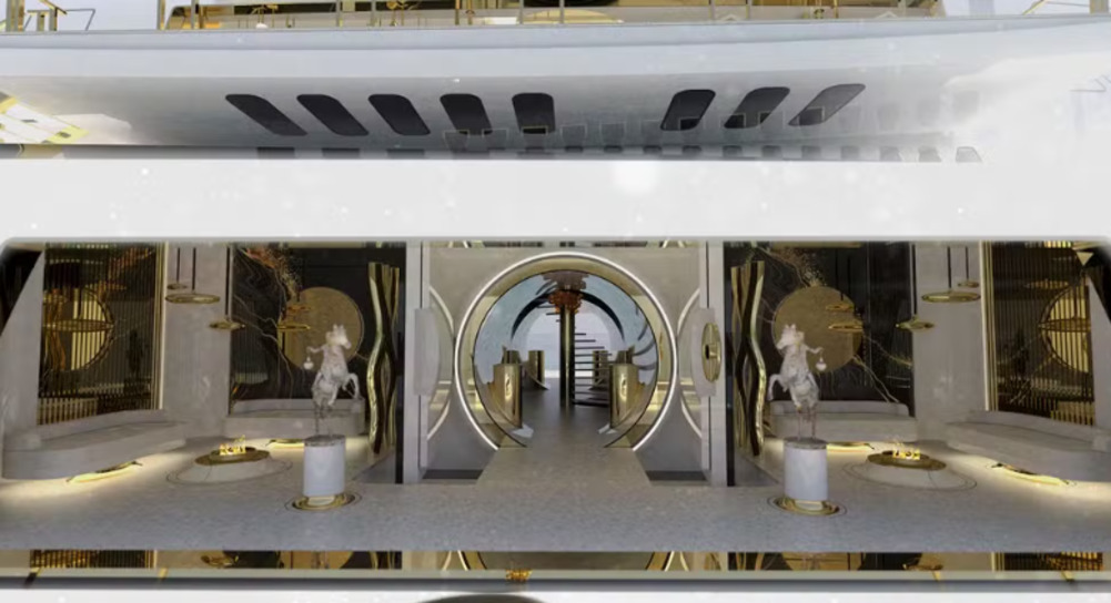 O interior é decorado conforme o desejo do comprador, já que o projeto prevê a personalização do submarino. O plano pode incluir até um heliponto, se o cliente quiser. 