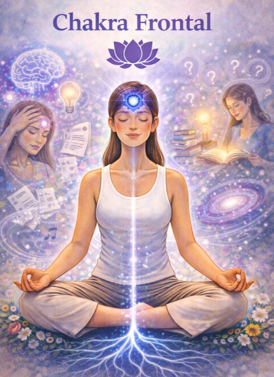 Chakra Frontal: Fica bem na região da cabeça, no centro da testa. Relaciona-se com a mente, pensamentos, memórias e aprendizados. Se estiver em desequilíbrio, a pessoa tende a ficar com o pensamento desequilibrado, perdendo a clareza e foco.