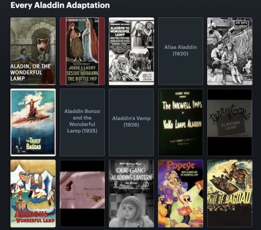 Lista com as adaptações de Aladdin - Reprodução/Letterboxd