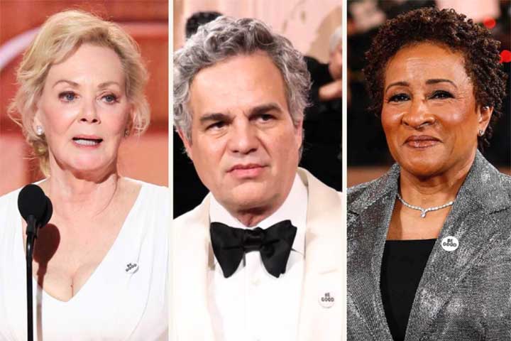 Nomes como Jean Smart, Mark Ruffalo e Wanda Sykes optaram por usar broches personalizados presos à altura do peito, mantendo-os em evidência ao longo de toda a noite. 
-Reprodução do Instagram @hearherstories