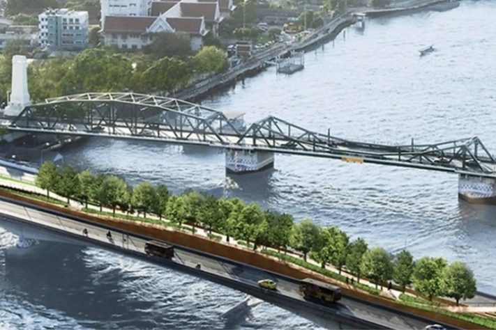 Projeto aposta em ponte-jardim de linhas curvas para transformar a travessia do rio em experiência urbana e paisagística em Bangkok, na Tailândia – Divulgação/Administração Metropolitana de Bangkok