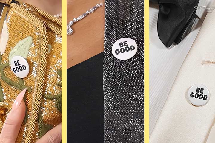 Os broches traziam a inscrição “Be Good”, expressão que pode ser traduzida como “Seja bom”, mas que também faz referência direta ao sobrenome de Renee. 
-- Reprodução do Youtube