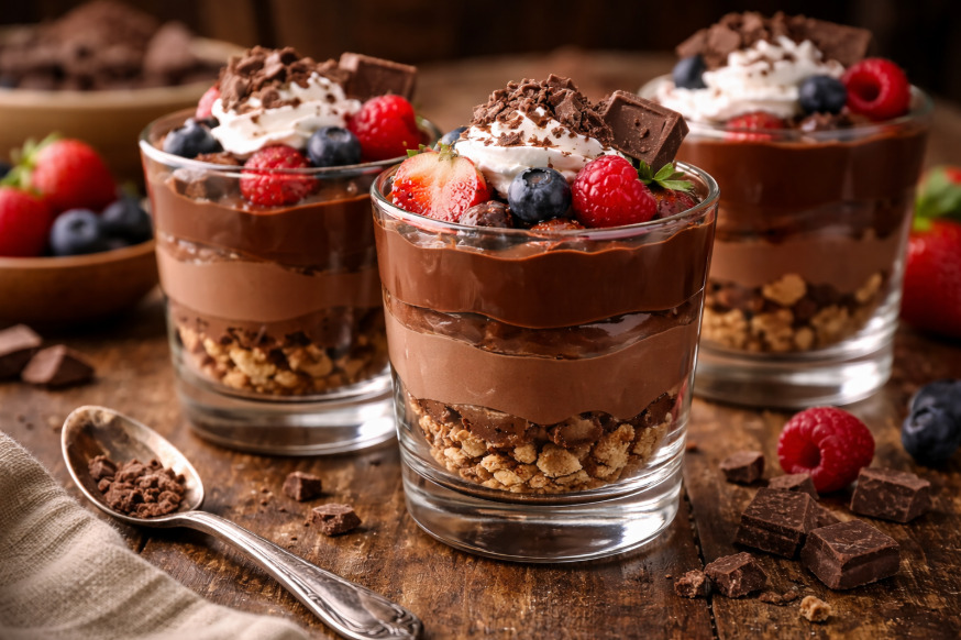 <p>Em sobremesas no copo, a ganache aparece como creme principal ou complemento. Combina bem com frutas, biscoitos e camadas crocantes.</p>
