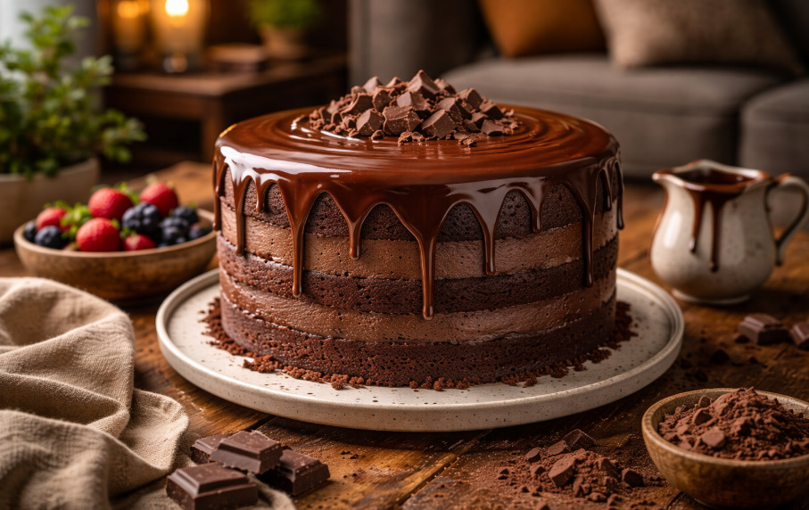 <p>Na cobertura, a ganache garante acabamento elegante e proteção ao bolo. Quando aplicada morna, escorre de forma uniforme e visualmente atraente.</p>
