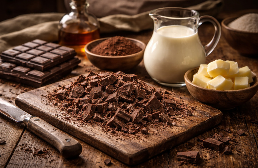 Ganache é uma preparação clássica da confeitaria feita com chocolate e creme de leite. A mistura simples resulta em uma textura cremosa e sabor intenso, sendo usada em recheios, coberturas e inúmeras receitas de doces. -  (crédito:  imagem gerada por i.a )