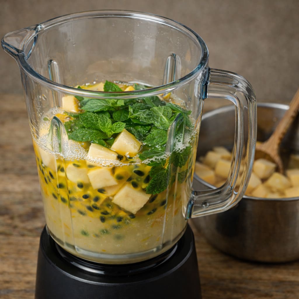 <p>Para prepará-lo, basta cozinhar um pedaço de batata-doce até que fique macio, e então bater no liquidificador com folhas de hortelã, polpa de maracujá e água.</p>
