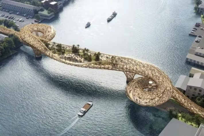Projeto aposta em ponte-jardim de linhas curvas para transformar a travessia do rio em experiência urbana e paisagística em Bangkok, na Tailândia – Divulgação/Administração Metropolitana de Bangkok