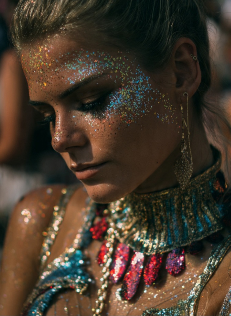 No Carnaval, ele é amplamente usado em maquiagem, fantasias, adereços e decorações, contribuindo visualmente para o espetáculo das festas e desfiles.