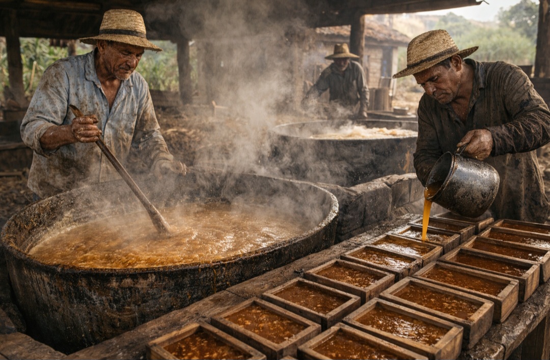 <p>O preparo tradicional da rapadura remonta aos antigos engenhos de cana. O caldo extraído é cozido lentamente em tachos, mexido até atingir o ponto certo e depois despejado em formas.</p>
