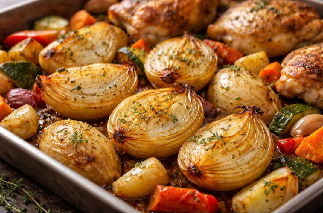 <p>Assada, a cebola ganha textura macia e sabor mais suave. Pode ser servida como acompanhamento ou incorporada a legumes e proteínas no forno.</p>
