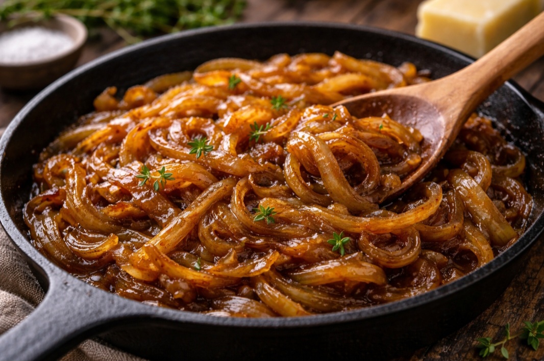 <p>A cebola caramelizada é resultado do cozimento lento, que realça a doçura natural. Combina muito bem com carnes, queijos, hambúrgueres e tortas salgadas</p>
