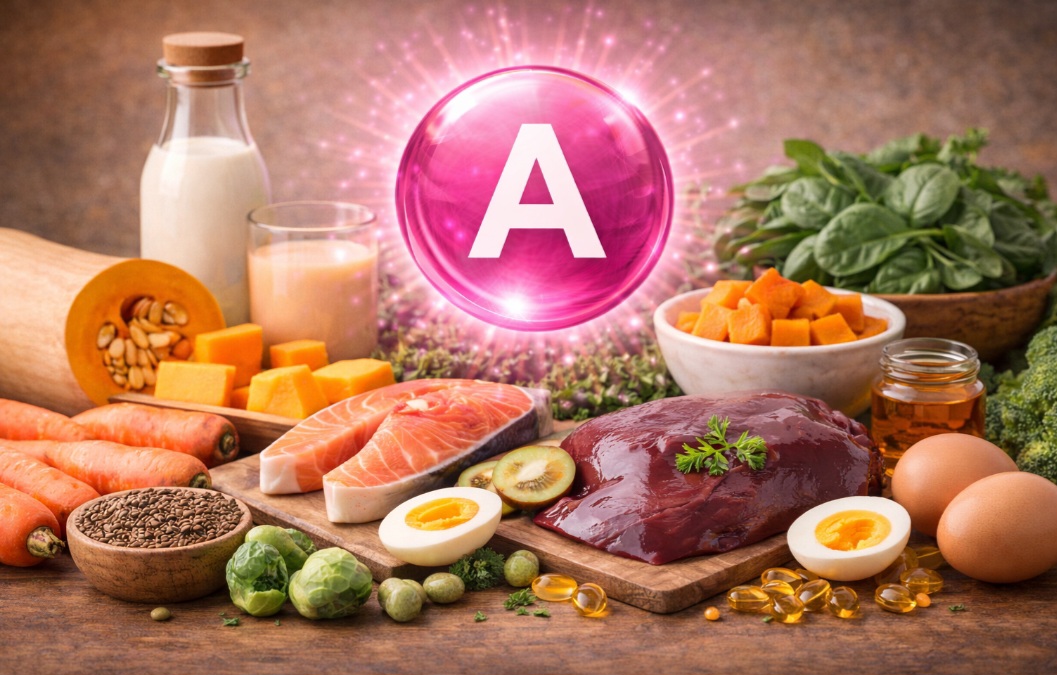 <p>A vitamina A é importante para a visão, imunidade e saúde da pele. A falta pode causar cegueira noturna, e o excesso pode provocar toxicidade hepática; está em cenoura, abóbora e fígado.</p>
