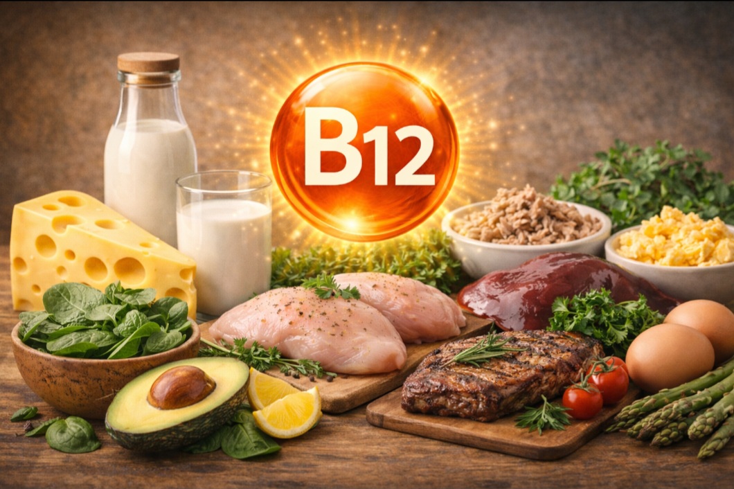 <p>A vitamina B12 (cobalamina) mantém o sistema nervoso e a produção de glóbulos vermelhos. A deficiência causa anemia e danos neurológicos; o excesso é raro; presente em carnes e laticínios.</p>
