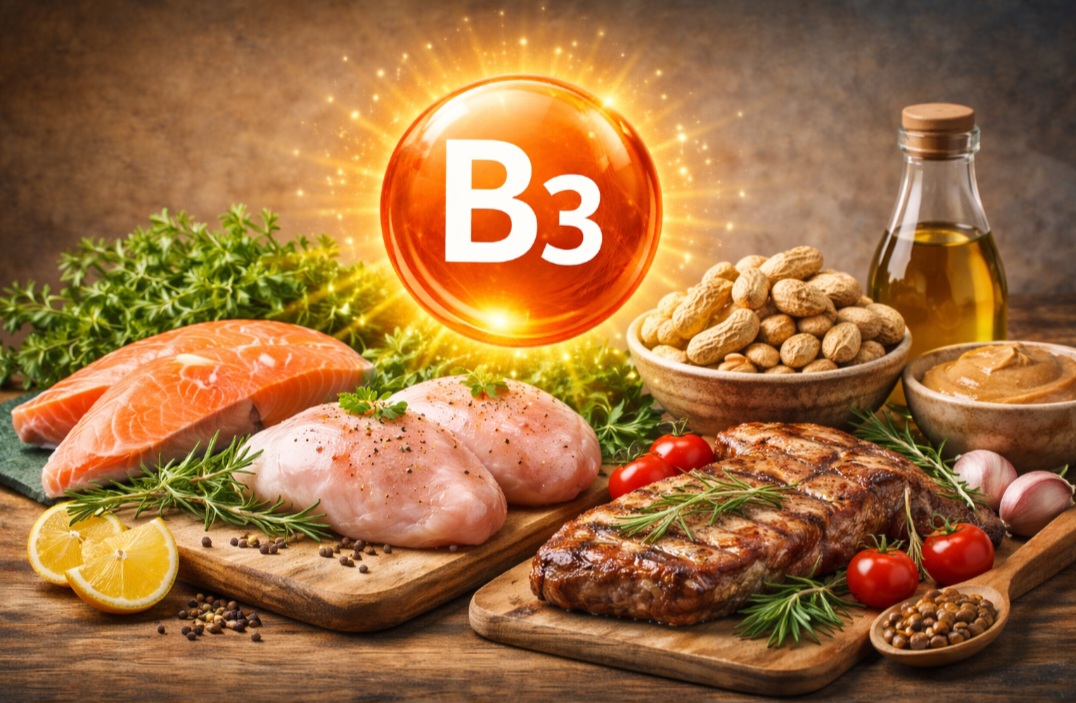 <p>A vitamina B3 (niacina) ajuda na circulação e no funcionamento do cérebro. A carência pode causar pelagra, e o excesso pode gerar rubor e sobrecarga hepática; é encontrada em carnes e amendoim.</p>
