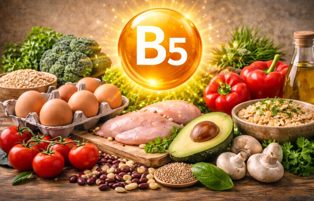 <p>A vitamina B5 (ácido pantotênico) é essencial para hormônios e energia celular. A deficiência é rara, assim como o excesso; aparece em quase todos os alimentos, como ovos e legumes.</p>
