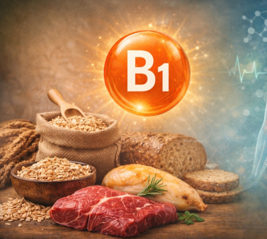 <p>A vitamina B1 (tiamina) atua no metabolismo energético e no sistema nervoso. A deficiência causa fraqueza e alterações neurológicas, enquanto o excesso é raro; aparece em cereais integrais e carnes.</p>
