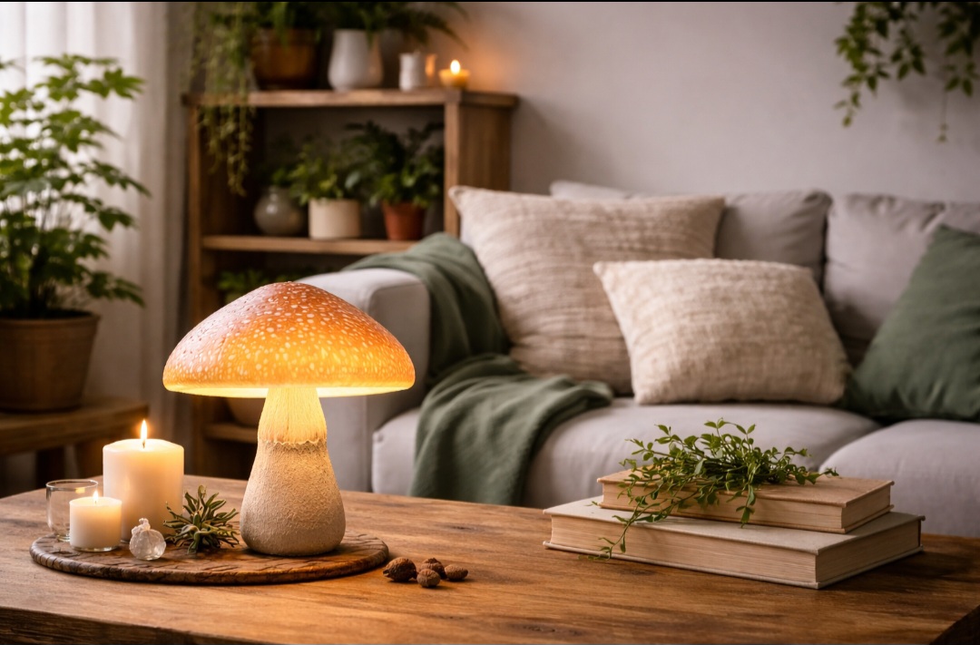 <p>Os cogumelos também conquistaram espaço na decoração: espécies ornamentais e luminárias inspiradas neles trazem um toque natural e místico aos ambientes.</p>
