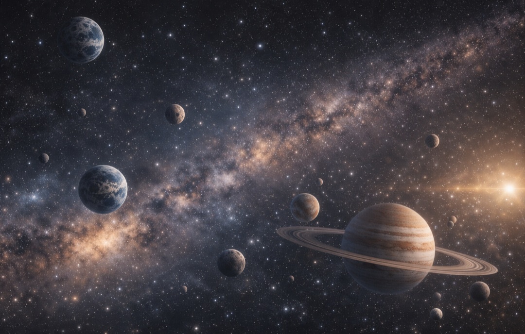 Além da Lua da Terra, o Sistema Solar possui inúmeros satélites naturais que orbitam outros planetas. Esses corpos celestes ajudam cientistas a compreender a formação planetária, os sistemas orbitais e diversos fenômenos gravitacionais presentes no espaço. -  (crédito: Imagem gerada por i.a )