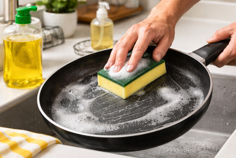 <p>A limpeza deve ser feita com esponja macia e detergente neutro, evitando produtos abrasivos. Também é importante esperar a panela esfriar antes de lavar, prevenindo danos por choque térmico.</p>
