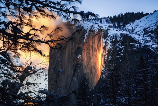 Fenômeno raro faz queda d’água virar ‘cascata de fogo’ no Parque de Yosemite, nos Estados Unidos